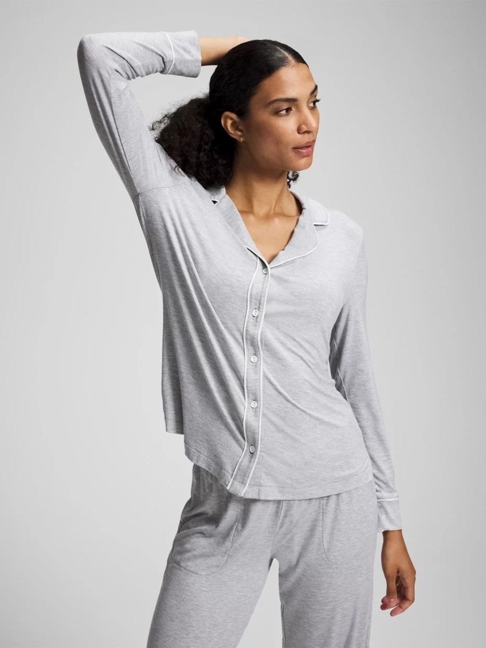 Women's Light Gray Button-Front Pajama Top - Long Sleeve